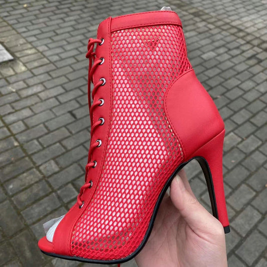 New Sexy High Heels Hollow Mesh Sandals Summer Fashion Trend Comfort Peep Toe Boots Stilettos Jazz Dance Female Shoes Plus Size