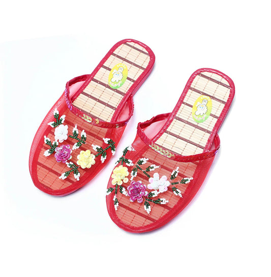 Women's Floral Mesh Chinese Slides - Stylish Slip-On Flats for Comfort and Style