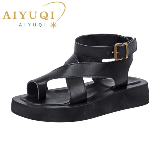 AIYUQI Women's Genuine Leather Summer Sandals - Comfortable Clip Toe Roman Shoes for Ladies, Muffin Style