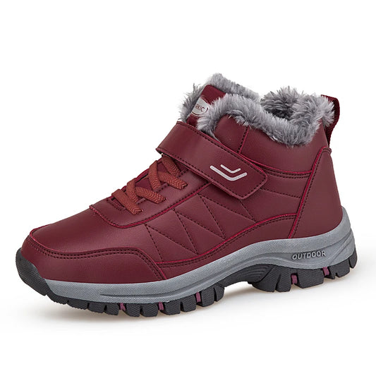 Winter Outdoor Lace-Up Waterproof Plush Leather Boots - Unisex Warm Hiking & Hunting Shoes