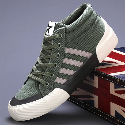 Green Men's Breathable Canvas High-Top Sneakers - Fashionable Vulcanized Shoes for Casual Wear