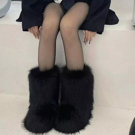 Winter-Warm Fluffy Faux Fox Fur Women's Boots - Plush & Stylish Footwear for Snowy Days