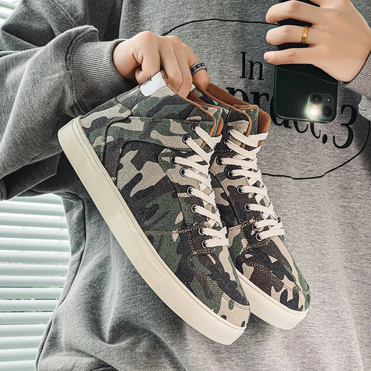 New Men's Camouflage High-Top Canvas Footwear - Stylish Vulcanized Sneakers for Casual Comfort and Urban Adventure