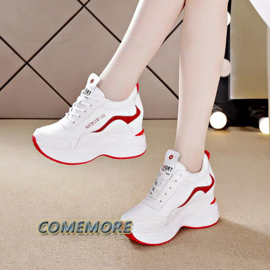 Women's White Leather Platform Sneakers with High Heels Wedge - Outdoor Sports Shoes, Breathable Round Toe Casual Wear for Spring