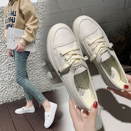 Women's White Leather Sneakers - Comfortable Lace-up Casual Shoes for Walking