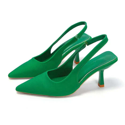 Women Summer Shoes 2023 New Fashion Pointed Toe Stiletto Medium Heel High Heels Women Back Empty Toe Sandals Green Women's Shoes