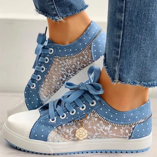 Women's Summer Casual Lace Canvas Platform Sneakers - Breathable Hollow Cutouts for Comfort and Style