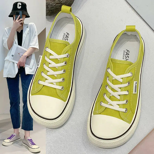 Women's Spring Canvas Flat Shoes: Solid Color Student Sneakers for Girls, Skateboard Vulcanized Tennis - Women's Fashion