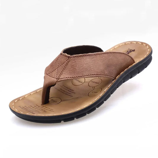 Summer Men's Leather Flip Flops - Genuine Flat Sandals for Comfortable Holiday Wear
