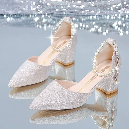 Elegant Ladies Pointed Toe Pearl Wedding Shoes Bride String Bead Ankle Strap Pumps Woman Thick High Heels for Women 2023